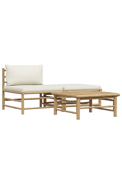 vidaxl Set mobilier de grădină, cu perne alb crem, 3 piese, bambus