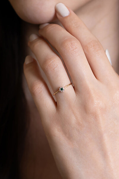 Bayar Gold 14 Ayar Altın Yeşil Zirkon Taşlı Papatya Yüzük