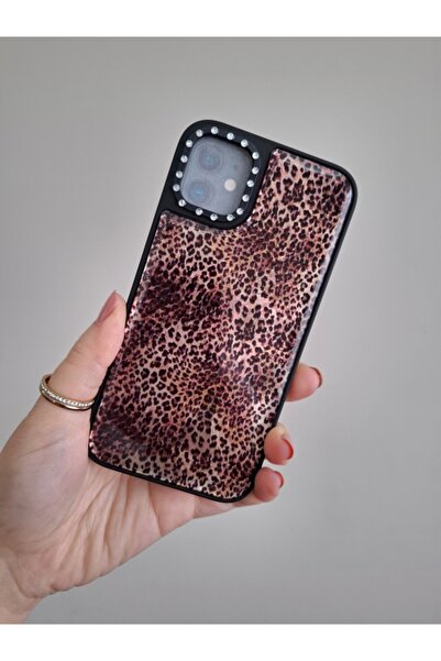 EPRO iPhone 11 Uyumlu Leopar Desenli Taşlı Kamera Koruma Çıkıntılı Lüks Silik...