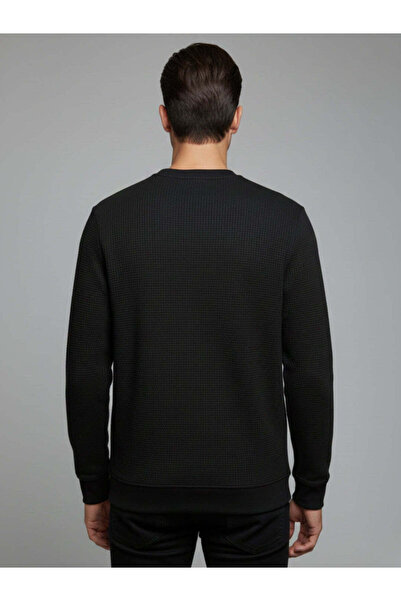 STATUS QUO Textured Round Neck Regular Fit Black Lightweight Sweatshirt