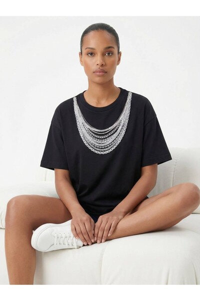 cemo Kadın Zincir Detaylı Taş İşlemeli Siyah Tişört