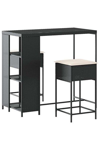 vidaxl Set mobilier bar de grădină cu perne, 3 piese, negru, poliratan