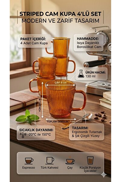 The Mia Striped Borosilikat Cam Kupa 9 x 6 x 7 cm 130 ml 4'lü Set