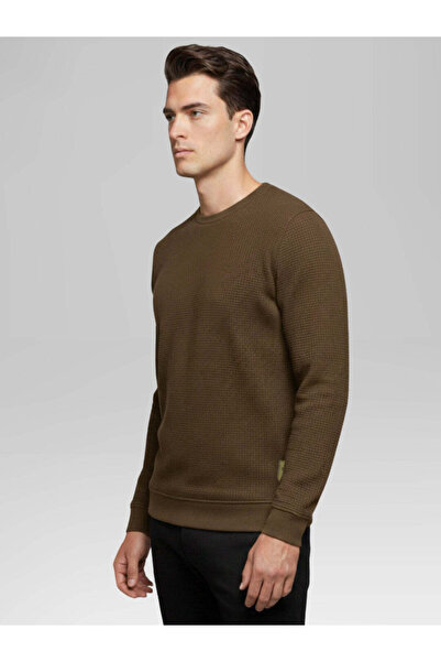 STATUS QUO Textured Round Neck Regular Fit Brown Lightweight Sweatshirt