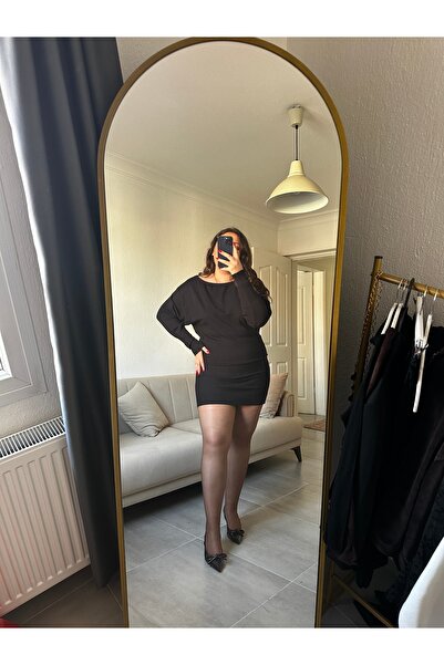 bestie co Siyah Yarasa Kol Kayık Yaka Triko Elbise Boy ve Yaka Açıklığı Ayarl...