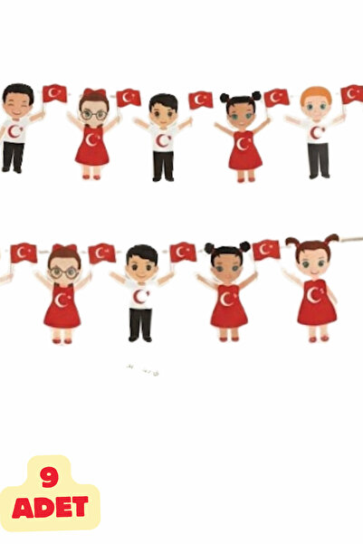 Baloncu Dede 23 Nisan Çocuk Figürlü Sarkıt Süs 9 Adet Türk Bayraklı Karton İp...