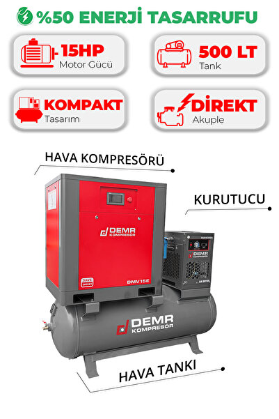 Demr Kompresör 15 Hp 500 lt Depo Üstü İnvertörlü Vidalı Hava Kompresörü I DMV15E