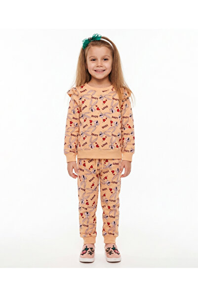 levanapajamas Girls' winter pajamas with a bunny and hearts print – peach color