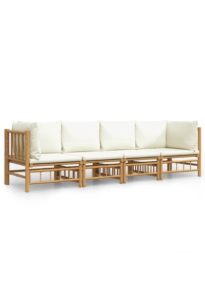 vidaxl Set mobilier de grădină, cu perne alb crem, 4 piese, bambus