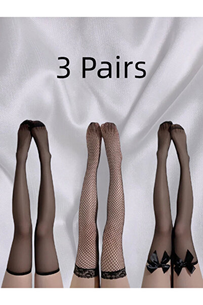 FridayIn 3 Pieces Women's Black Fishnet Silicone Butterfly Bow Lace Stockings