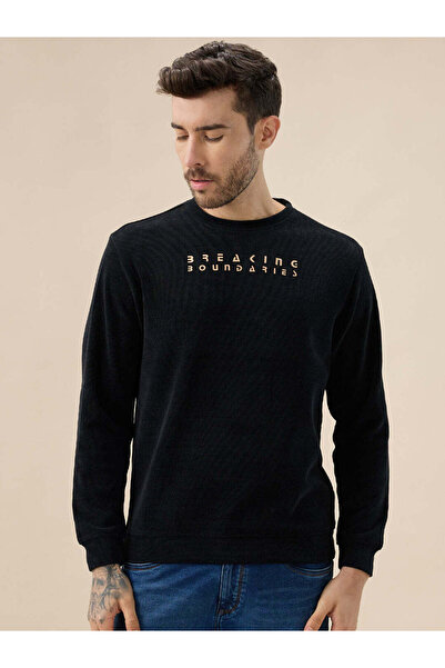 STATUS QUO Solid Chest Typography Textured Lightweight Black Sweatshirt