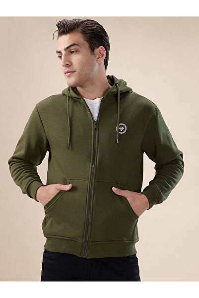 STATUS QUO Solid Brand Logo Hooded Zipper Regular Fit Olive Sweatshirt