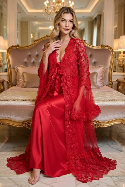 big mama Luxury Lace Embroidered in Silk Aten Robe and Nightgown Set - Royal ...