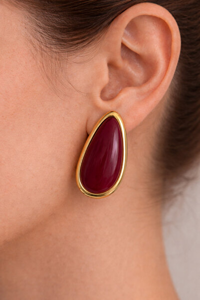 Takıtolia Windsour Burgundy Stone Asymmetrical Drop-Shaped Gold Framed Vintag...
