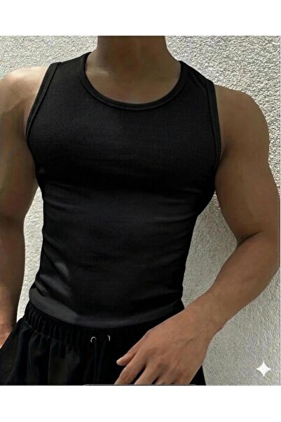 Livik Erkek Halter Yaka Slimfit Fitilli Sporcu Likralı Atlet Siyah ve Beyaz İkili Avantajlı Paket