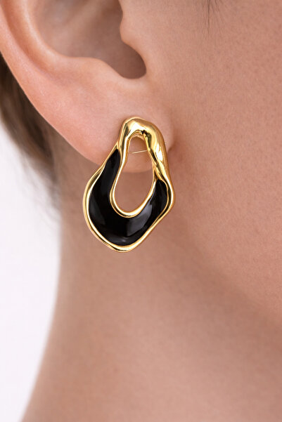 Takıtolia Wivera Black Color Filled Asymmetrical Oval Design Gold Framed Styl...