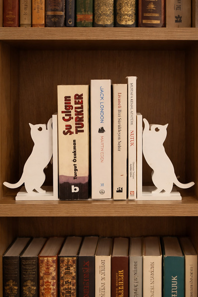 Mey3DDesign Kedi Kitap Tutucu 2'li Beyaz, Bu Sevimli Kediler Kitaplığınızı Gü...