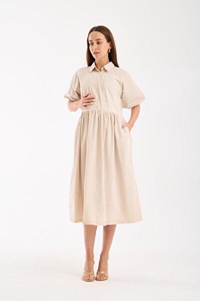 Işşıl 2455-Balloon Sleeve Breastfeeding Detail Cotton Maternity Wear Midi Dress