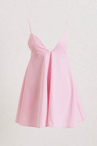 BSL Fiyonk Detaylı Çizgili Volanlı Mini Elbise