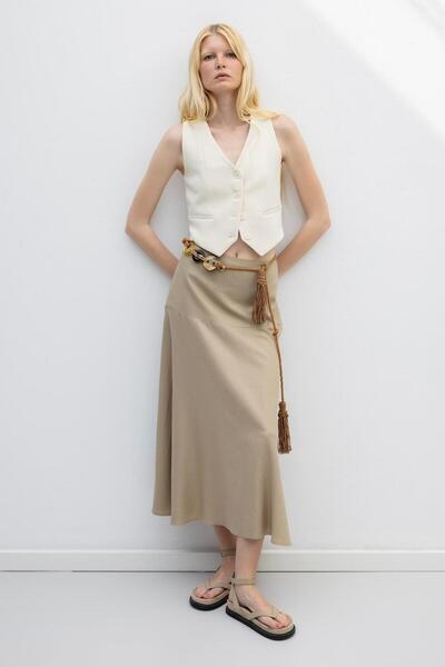 BSL Keten Karışım Volanlı Midi Etek