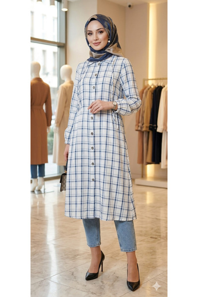 MODA Μπλε καρό μοντέρνο τουνίκ με μεταλλικά κουμπιά μπροστά και ελαστικά μανί...