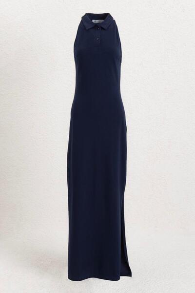 BSL Polo Yakalı Maksi Pike Elbise