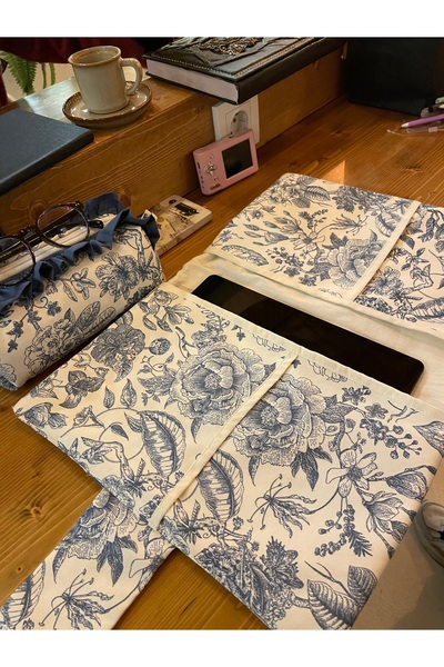 GÖKDAĞ BEDDING Mavi Yaprak Desenli El Yapımı Tablet Kılıfı Organizer-Kalemlik...