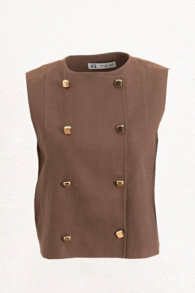 BSL Keten Metal Düğme Detaylı Yuvarlak Yakalı Yelek