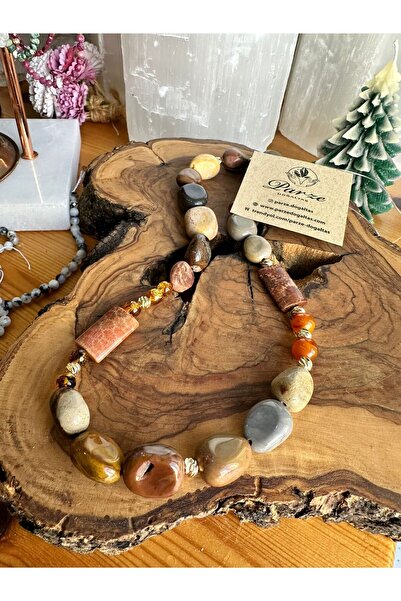 parze doğaltaş Fossil Coral & Jasper and Amber Natural Stone Design Necklace
