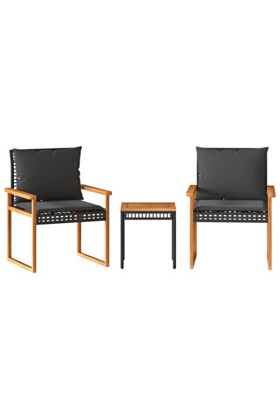 vidaxl Set bistro cu perne, 3 piese, negru, poliratan și lemn acacia