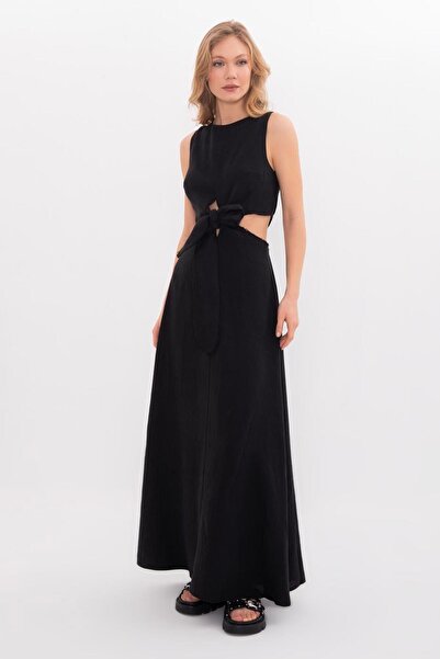 BSL %100 Keten Bağcık Detaylı Midi Elbise