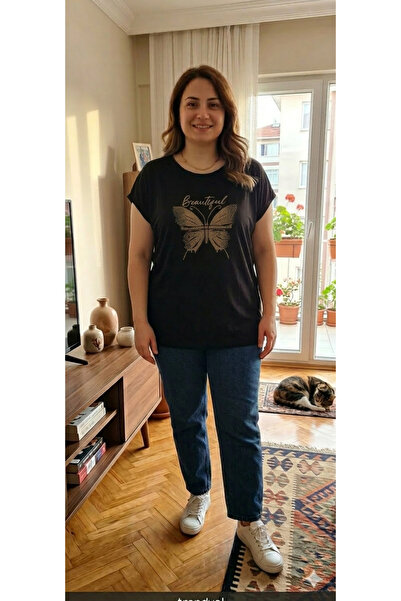 Kadın Büyük Beden Siyah Kelebek Desenli Penye Tişört Pamuklu