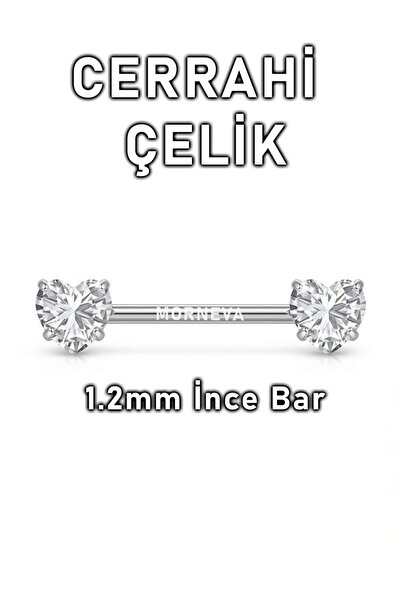 MORNEVA Cerrahi Çelik İnce Barlı 1.2mm Minik Kristal Kalp Taşlı Meme Ucu Nipp...