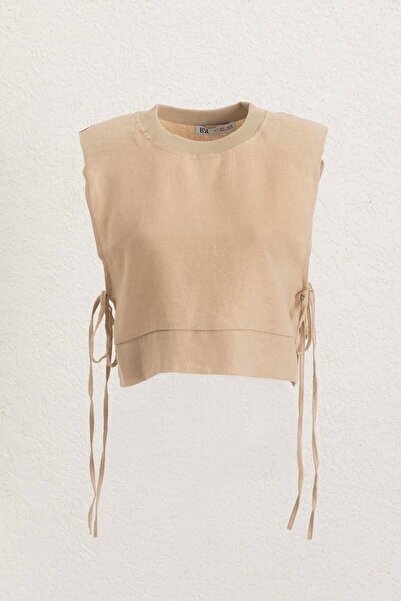 BSL Yandan Bağcıklı Crop Keten Bluz