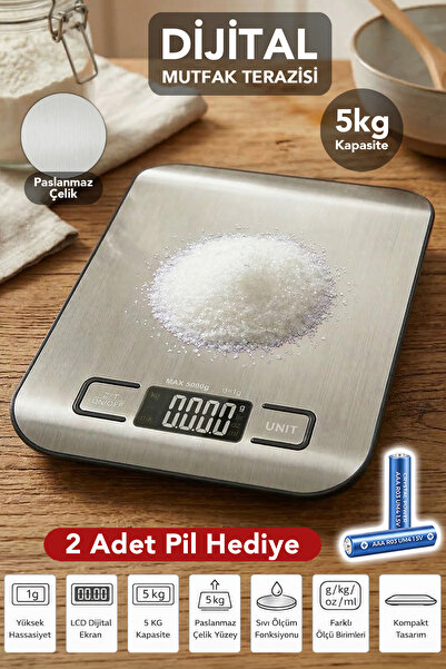 Meleni Home Dijital Mutfak Tartısı - LCD Dijital Ekran 5kg Kapasiteli Paslanm...