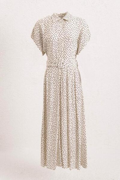 BSL Puantiyeli Cotton Pileli Midi Elbise