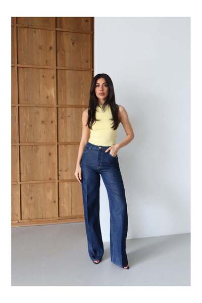 Coral Simli Yüksek Bel Kot Pantolon 8230 Lacivert / Altın