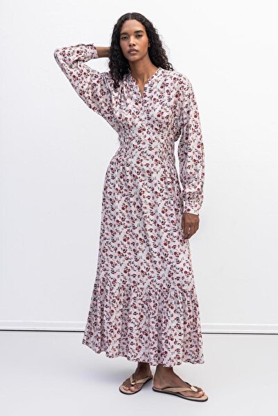 BSL Yarım Patlı Fırfırlı Midi Elbise