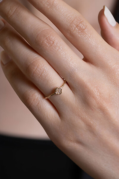 Bayar Gold 14 Ayar Altın Minimal Taşlı Yonca Yüzük