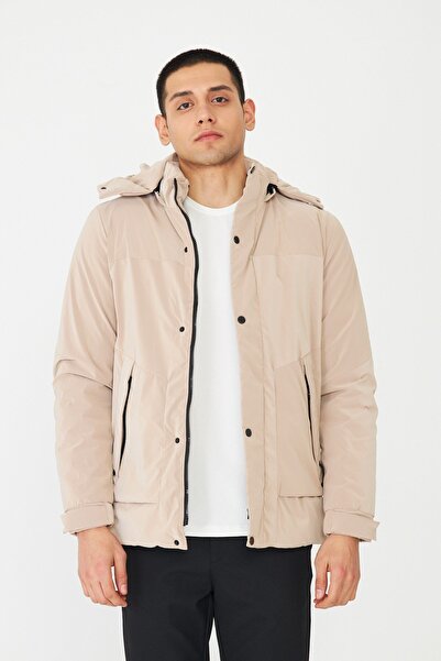 White Stone معطف مودرن سيت بغطاء رأس بيج للرجال مبطن
