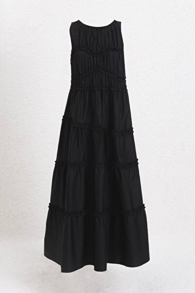 BSL Katlı Volanlı Midi Cotton Elbise