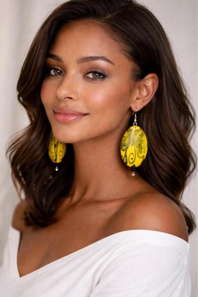 Hd Marketim Handmade Yellow Patterned Women's Earrings – Oval Bohemian Earrin...