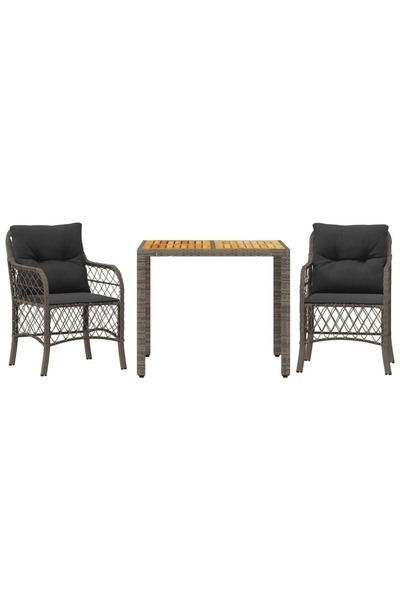 vidaxl Set bistro de grădină cu perne, 3 piese, gri, poliratan