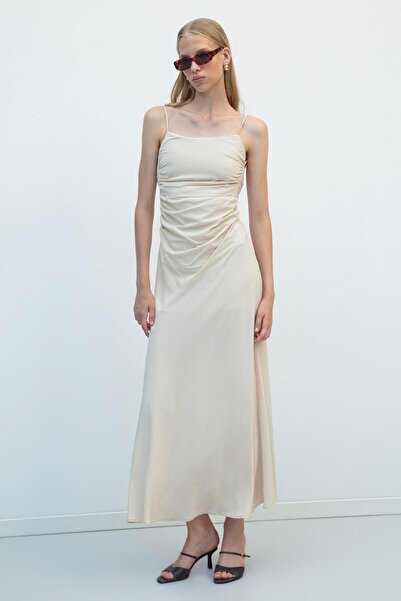 BSL Drapeli Askılı Maksi Elbise