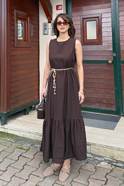 BEJNA Γυναικείο Στυλάτο Καλοκαιρινό Φόρεμα Με λεπτομέρεια ζώνης Με βολάν Λινό...