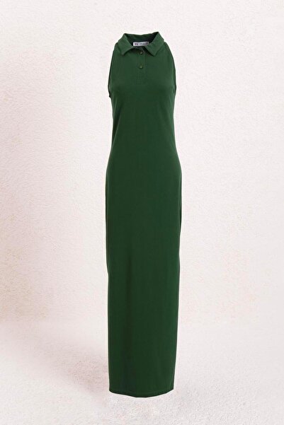 BSL Polo Yakalı Maksi Pike Elbise