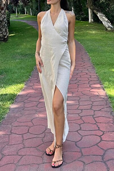 BSL Keten Karışımlı Midi Elbise