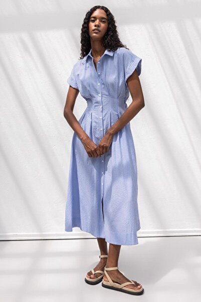 BSL Pileli Midi Boy Gömlek Elbise