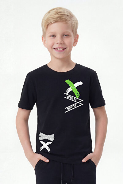 FYK KİDS White Yazılı Printed Round Neck Short Sleeve Boys' Summer T-Shirt