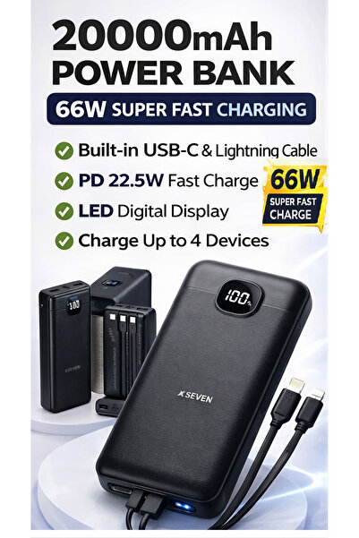 XSEVEN 20000mAh Power Bank 66W Fast Charge Portable Charger USB-C Lightning f...